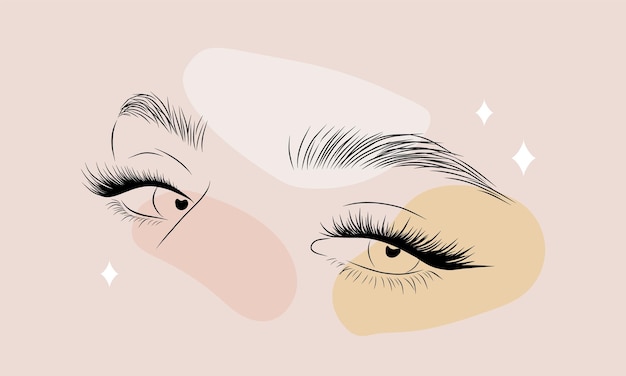 Minimalist female eyes on colored spots Linear women lashes and brows Vector illustration in one line drawing style Perfect for logo