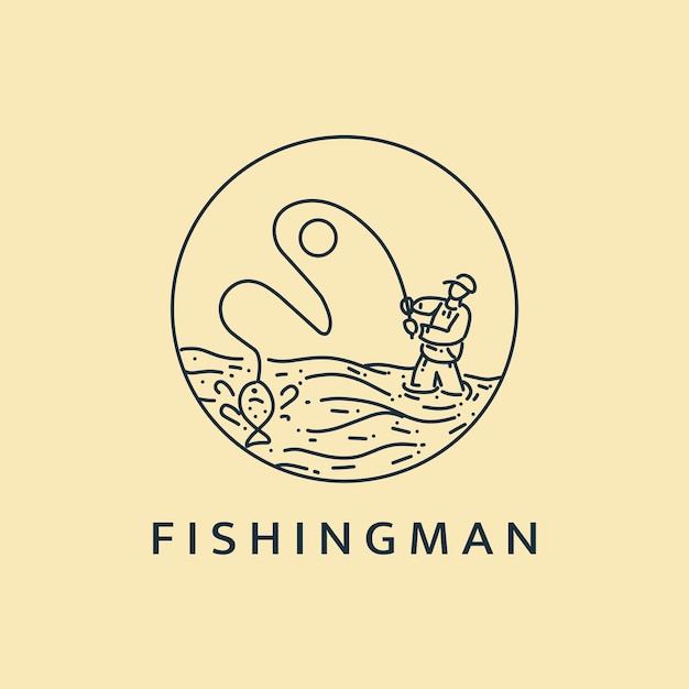 Minimalist fishing man logo line art illustration template design with circle