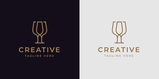 Minimalist Glass Dinner Logo Design Template. Vector Illustration of Wine Glass cheers.