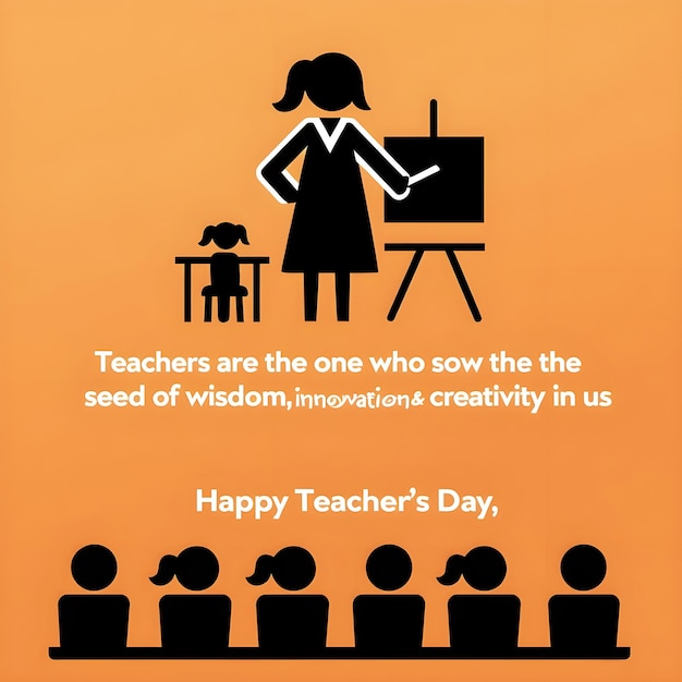 Vector minimalist graphic image with an orange background layout features a black silhouette of a teacher