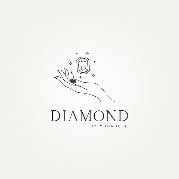 Minimalist hand and diamond jewelry line art logo template vector illustration design