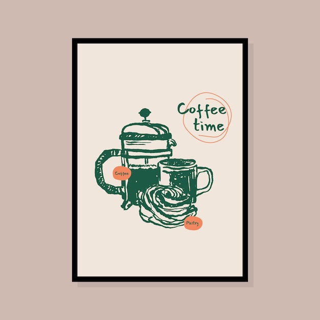 Minimalist hand drawn coffee and sweets vector print poster