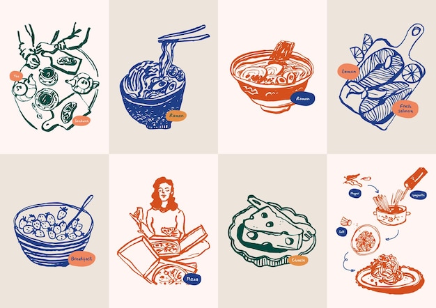 Minimalist hand drawn food and drink vector illustration collection. Art for for postcards, branding