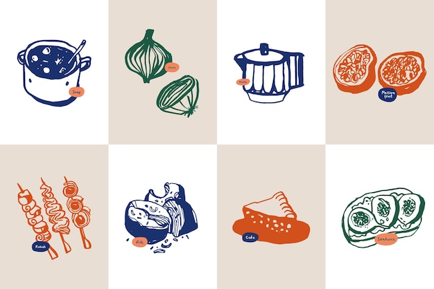 Vector minimalist hand drawn food and drink vector illustration collection