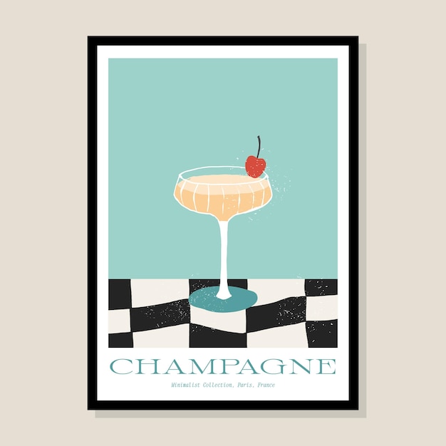 Minimalist hand drawn poster design with cocktail illustration for wall art collection