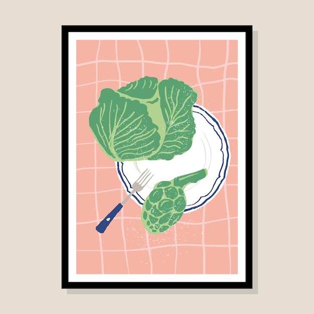 Minimalist hand drawn vector poster design with vegetables illustration for wall art gallery