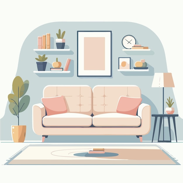 minimalist home interior decoration illustration with sofa houseplants photo frame shelf