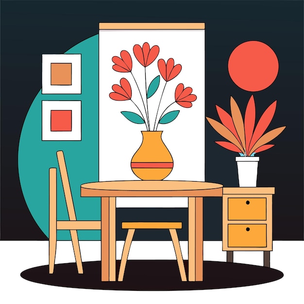 A minimalist illustration of a dining room with a table chairs a vase of flowers and a side table