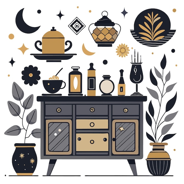 Vector a minimalist illustration of a dresser with various magical objects and plants