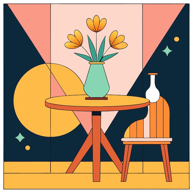 Vector a minimalist illustration of a table with a vase of flowers a chair and geometric shapes in the background