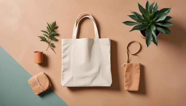 Vector a minimalist image featuring a white tote bag with a brown handle surrounded by natural elements such as a potted plant a branch and a brown pouch creating a simple and elegant design