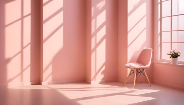 A minimalist image of a pink room with a single pink chair and a plant in the window creating a sense of calm and serenity