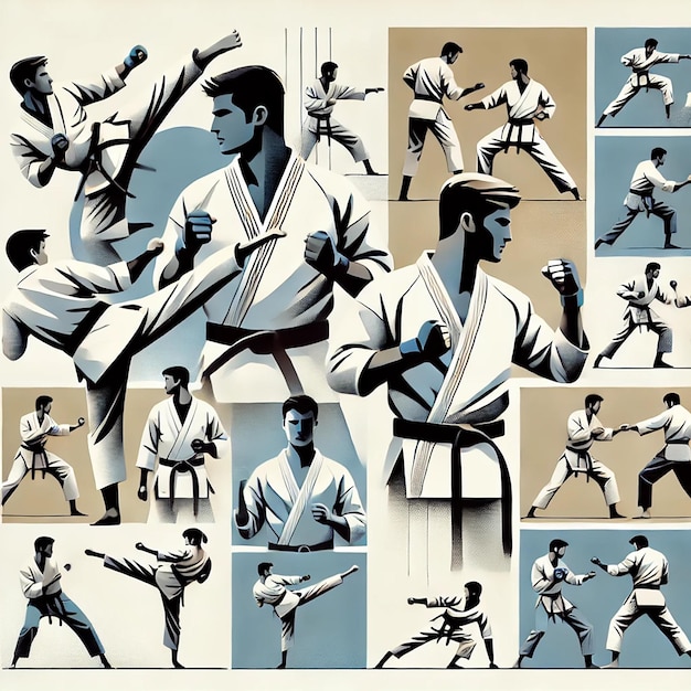 Vector minimalist karate illustration collage featuring dynamic martial arts scenes