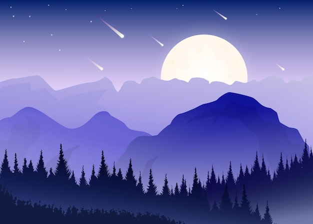 Minimalist landscape Dark night forest mountains moon shining stars and comets