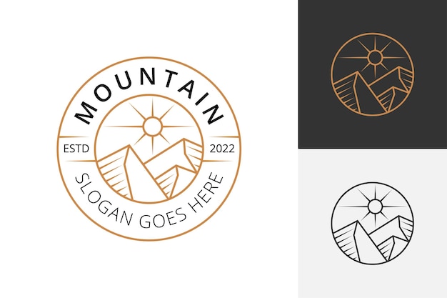 Vector minimalist landscape hills mountain peaks vector badge logo design mountain outdoors with sun sunrise emblem logo