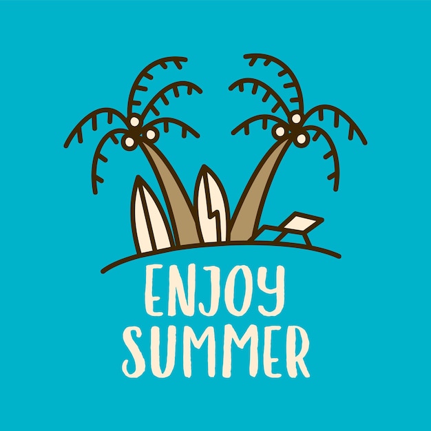 Minimalist line art style vector illustration of tropical beach with palm trees and Enjoy Summer lettering for t shirt and printed designs on blue background