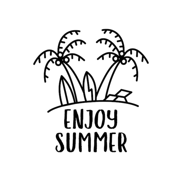 Minimalist line art style vector illustration of tropical beach with palm trees and Enjoy Summer lettering for t shirt and printed designs