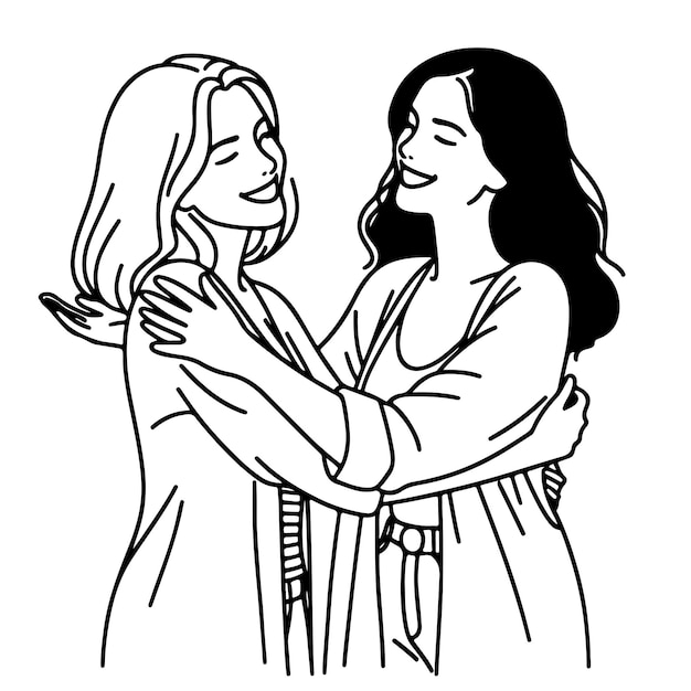 Vector minimalist line art two hugging female friends embracing love and friendship clean vector