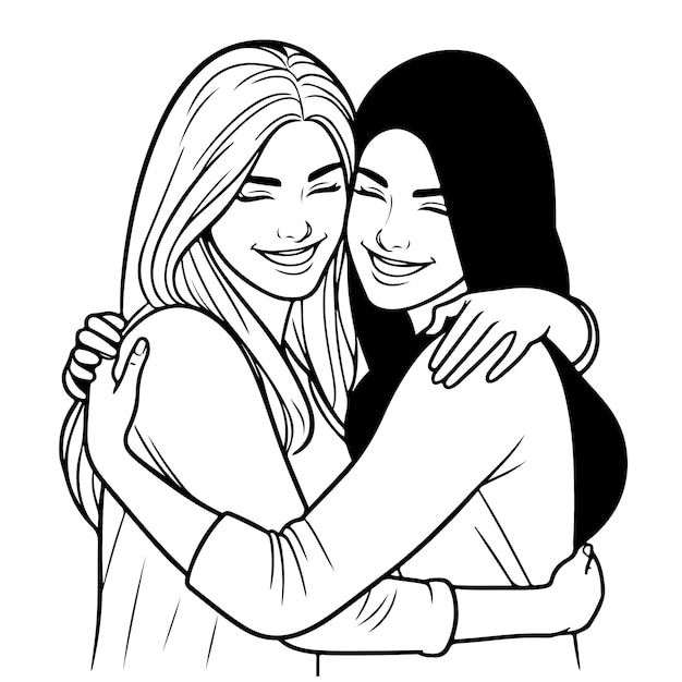 Vector minimalist line art two hugging female friends embracing love and friendship clean vector