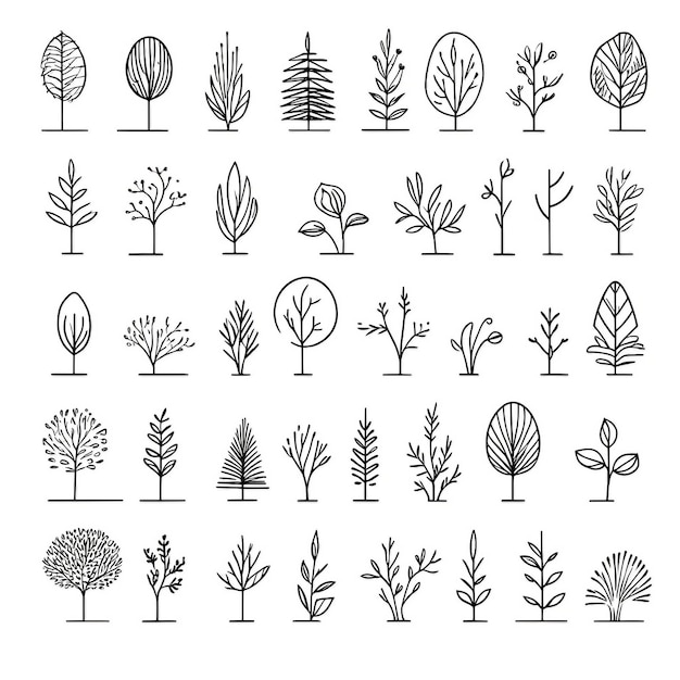 Minimalist line drawings of various trees and bushes