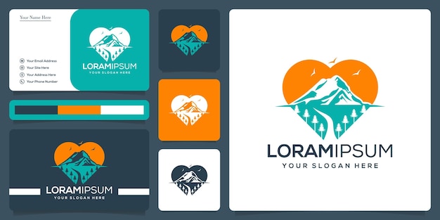 minimalist love mountain logo design and business card