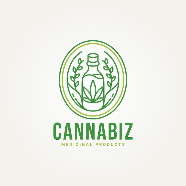 Minimalist medical cannabis leaf in glass bottle line art badge icon logo template vector illustration design simple modern cannabis or hemp oil extracts in jars emblem logo concept