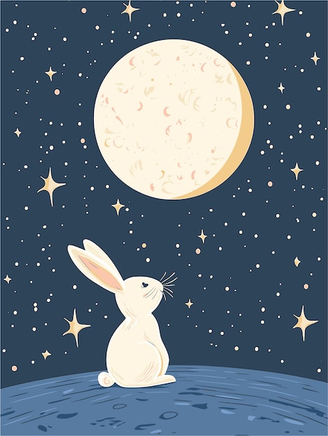 Vector minimalist midautumn festival moon stars and rabbit