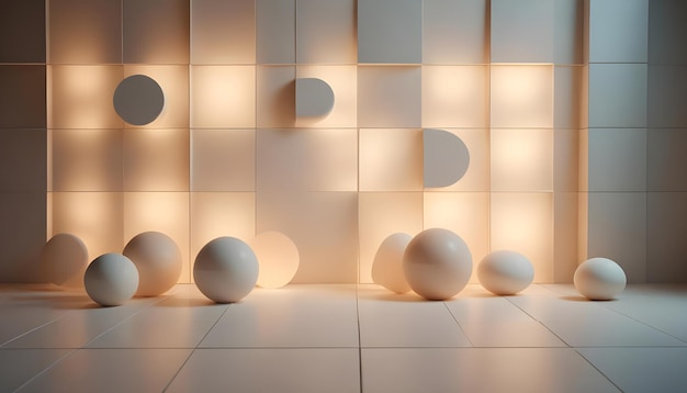 Vector a minimalist modern space with white tiled walls and floor adorned with geometric shapes and illuminated by soft warm light