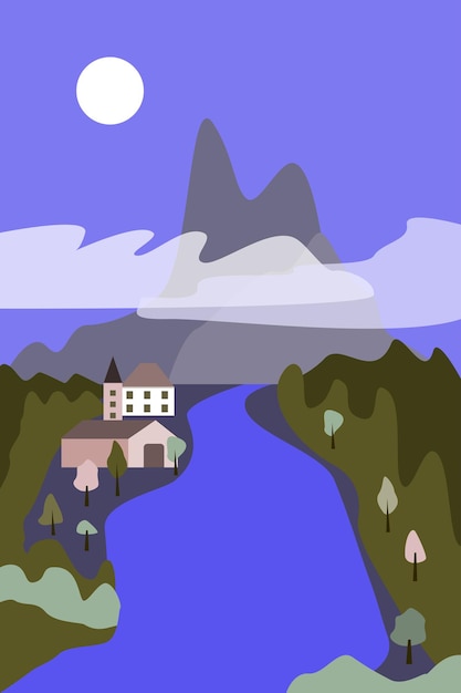 Minimalist mountains and village landscape at night Beautiful  nature scene and houses near river