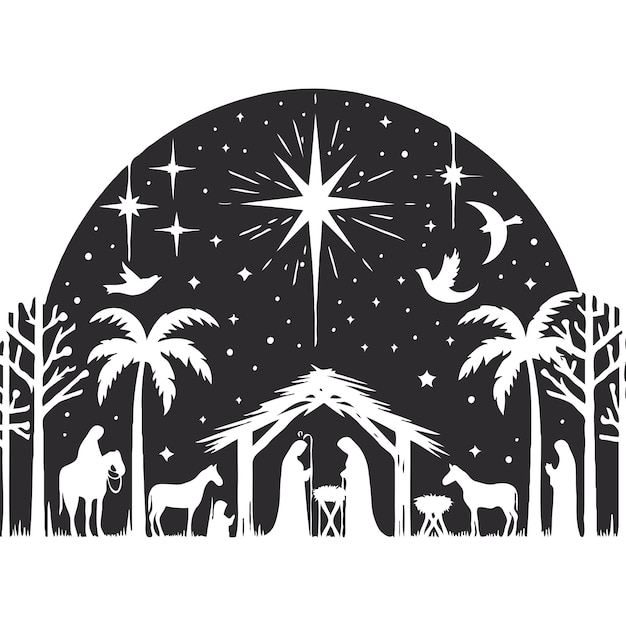 Minimalist nativity scene stencil white background vector style photo image