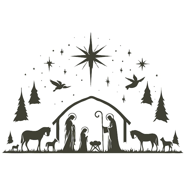 Minimalist nativity scene stencil white background vector style photo image