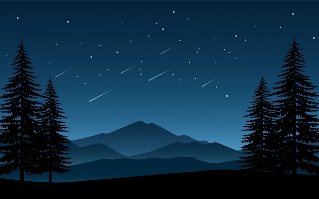 Minimalist night landscape with pine trees and shooting stars