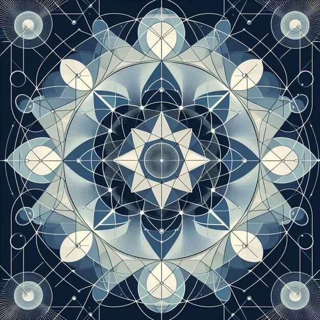 Vector a minimalist pattern inspired by sacred geometry using shades of blue and silver to convey serenity