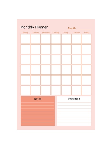 Minimalist planner page Monthly priorities Habit track weekly Travel and trip plan Bucket list personal organizer printable sheet layout Vertical insert for diary