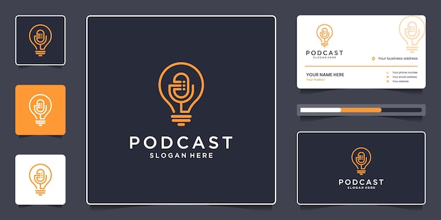 Minimalist podcast logo design and business card, Creative combine microphone and lamp concept