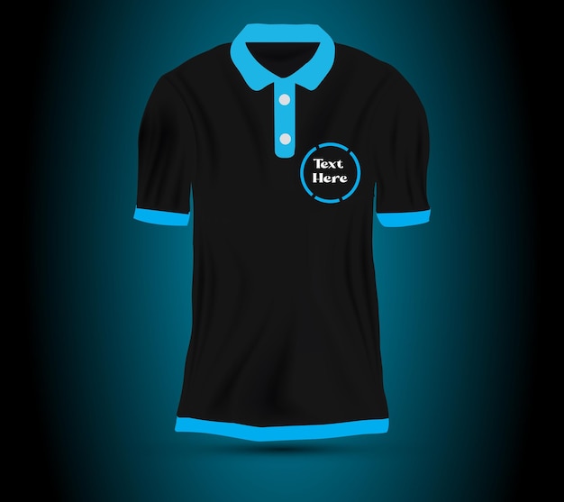 Vector minimalist polo blue collar black tshirt front view on black and white background