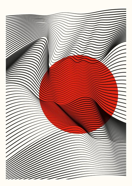 Vector minimalist print with wavy lines in modern style aesthetic beige background with red sun