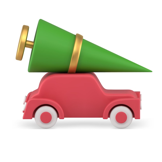 Minimalist retro automobile transportation green decorative cone spruce on golden rack 3d vector