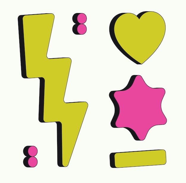 Minimalist retro stickers set a yellow and pink colors heart stars dots lines