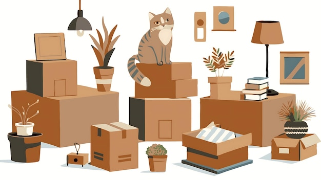 Minimalist scene of stacked cardboard moving boxes with decor and cat