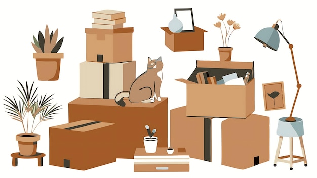 Minimalist scene of stacked cardboard moving boxes with decor and cat