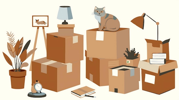 Vector minimalist scene of stacked cardboard moving boxes with decor and cat