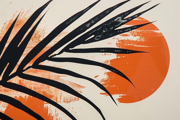 Vector minimalist screen print orange and black palm leaf with sun in the background in the style of peter disdall white background ar 32 job id 4fe59b830ccf4e2f90081cef14d3e795