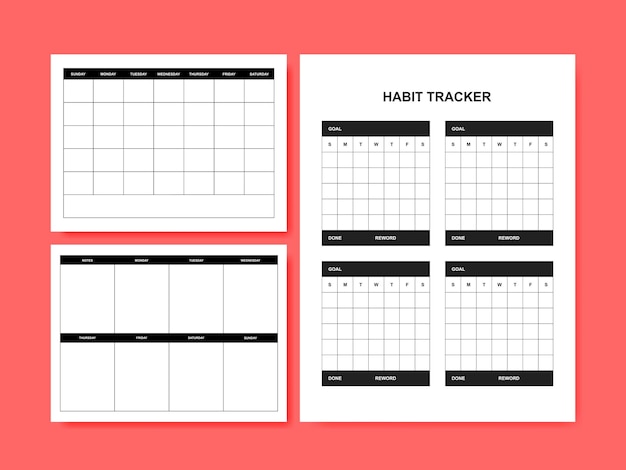 Minimalist undated personal planner page templates. Monthly Plan, Weekly Plan, Habit Tracker. Vector