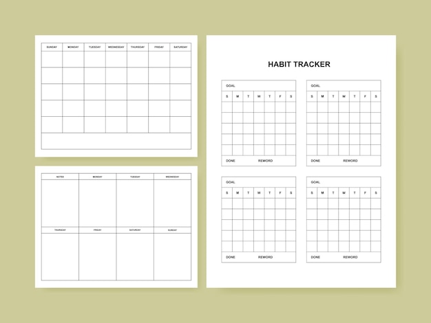 Minimalist undated personal planner page templates. Monthly Plan, Weekly Plan, Habit Tracker. Vector