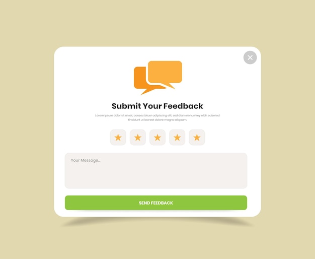 Vector minimalist user feedback collection ui popup kit design with text box and star rating