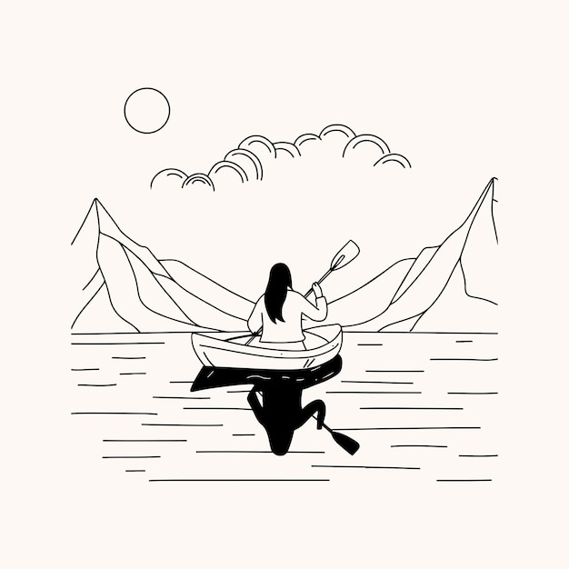 Minimalist vector of alone kayaker on serene lake reflections in water traveler