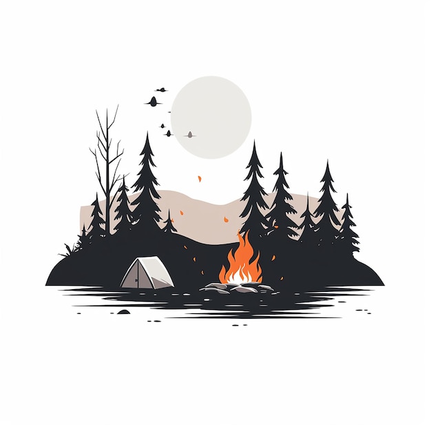 Minimalist vector in dark grey on a white background of a campfire