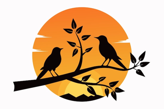 Minimalist Vector Illustration Silhouetted two Birds on Branch at Sunset white background