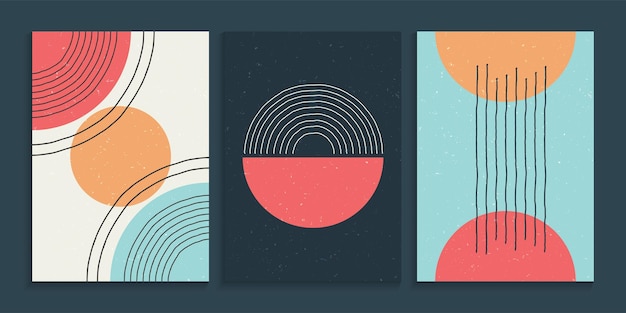 Minimalist wall art with colorful primitive shapes elements in grunge background